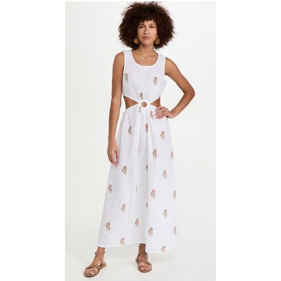 HANNAH ARTWEAR Sz 2 Medium White Tan Floral Divina Cutout Linen Dress - Picture 1 of 11